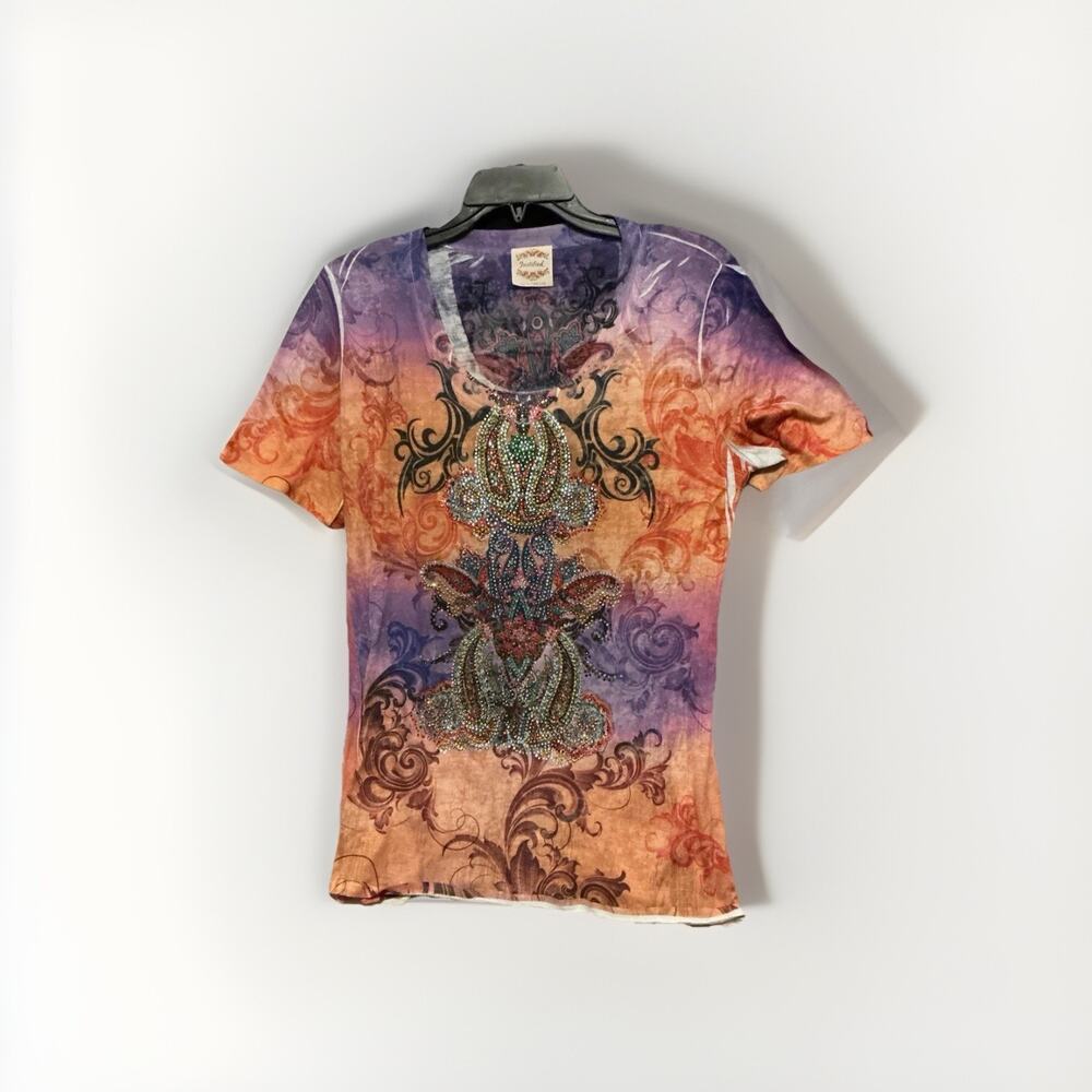 Women Justified T Shirt Hippie M Purple Embellished Rhinestone Paisley Graphic